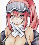  1girl :o bikini black_bikini black_jacket blue_archive blush_stickers breasts cleavage commentary_request dakkusu eimi_(swimsuit)_(blue_archive) goggles goggles_on_head hair_between_eyes highres jacket large_breasts long_hair looking_at_viewer marker_(medium) off_shoulder open_clothes open_jacket pink_eyes ponytail red_hair solo swimsuit swimsuit_under_clothes traditional_media upper_body 