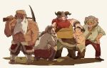  0121huiii 5boys :i aged_down bald beard black_hair blush boots braid braided_ponytail brigan brown_footwear brown_hair brown_pants carrying_over_shoulder child clenched_hand dungeon_meshi dwarf facial_hair fake_horns fur_trim gillin glasses gnome green_eyes grey_hair grey_pants grin hair_slicked_back hand_on_another&#039;s_head hand_on_own_chin hand_on_own_hip headpat height_difference helmet hiding hiding_behind_another highres holding holding_pickaxe horned_helmet horns invar lantern long_beard long_eyebrows looking_at_another looking_back looking_down multiple_boys multiple_scars muscular muscular_male mustache nervous nervous_sweating noor nose_blush on_one_knee outstretched_arm oversized_clothes pants pickaxe pince-nez red_eyes red_hair red_pants round_teeth sandals scar senshi_(dungeon_meshi) shirt shoes short_hair side_braid simple_background single_braid sleeveless smile standing stroking_own_chin sweat teeth thick_eyebrows thinking topless_male white_background white_shirt yellow_shirt 