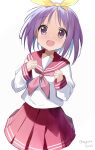  1girl :d blush commentary_request hairband highres hiiragi_tsukasa long_sleeves lucky_star nagare_(flow) neckerchief open_mouth pink_neckerchief purple_eyes purple_hair red_sailor_collar red_skirt ryouou_school_uniform sailor_collar school_uniform serafuku short_hair simple_background skirt smile solo standing white_background winter_uniform yellow_hairband 