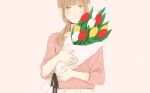  1girl black_ribbon blush bouquet brown_eyes brown_hair closed_mouth flower highres hinao_(flowerrabbit2348) holding holding_bouquet light_smile long_hair long_sleeves looking_at_viewer original pink_background pink_sweater red_flower red_tulip ribbon simple_background solo sweater tulip upper_body white_flower white_tulip yellow_flower yellow_tulip 
