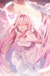  1girl absurdres ahoge bird bow breasts bug butterfly cleavage cloak dress feathered_wings frilled_dress frills gyum_(myyyyyon) highres hood hood_down hooded_cloak leaning_forward looking_at_viewer open_mouth original pink_bow pink_eyes pink_hair smile solo teeth upper_teeth_only wings 