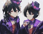  2boys black_hair black_headwear black_jacket brothers ensemble_stars! grey_background highres jacket looking_at_viewer male_focus matching_outfits medium_hair multicolored_clothes multicolored_jacket multiple_boys purple_jacket red_eyes sakuma_rei_(ensemble_stars!) sakuma_ritsu short_hair siblings simple_background wavy_hair yukimi_bon 