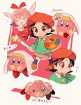  2girls :o ;d ^_^ adeleine beret black_hair blue_eyes blue_socks blush blush_stickers cheek-to-cheek closed_eyes closed_mouth collared_shirt commentary_request dress fairy fairy_wings green_shirt grey_skirt hair_ribbon hairband hand_up hat heads_together highres holding holding_paintbrush holding_palette kirby kirby_(series) long_sleeves looking_at_another looking_at_viewer multiple_girls notice_lines one_eye_closed open_mouth paint paintbrush palette_(object) parted_bangs pink_background pink_hair purple_eyes red_dress red_headwear red_ribbon ribbon ribbon_(kirby) shadow_kirby shirt short_hair simple_background skirt smile socks star_(symbol) tokuura translation_request v-shaped_eyebrows veil white_background white_hairband white_veil wings 