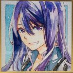  1boy artist_name border collarbone commentary_request hair_between_eyes highres long_hair looking_at_viewer male_focus mutuki_akira outside_border portrait purple_eyes purple_hair smile solo tales_of_(series) tales_of_vesperia teeth traditional_media twitter_username watermark white_border yuri_lowell 