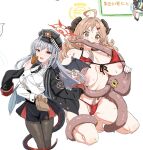  2girls ahoge bikini biting black_coat black_pantyhose black_pubic_hair black_skirt blue_archive blush breasts breasts_apart breasts_out brown_eyes brown_hair clearite coat curly_hair demon_tail demon_wings dot_nose female_pubic_hair food grey_hair halo hand_up haruna_(blue_archive) hat highres holding holding_food horns izumi_(blue_archive) kneeling large_areolae large_breasts long_hair long_sleeves looking_at_viewer multiple_girls navel necktie octopus open_mouth pantyhose peaked_cap pubic_hair pubic_hair_peek red_bikini red_eyes shirt simple_background skirt standing straight_hair sweat swimsuit tail tentacles uniform white_background white_shirt wings 
