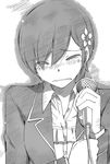  blazer crying flower greyscale hair_flower hair_ornament highres jacket kami_nomi_zo_shiru_sekai kosaka_chihiro microphone monochrome official_art school_uniform short_hair solo spoilers tears wakaki_tamiki 