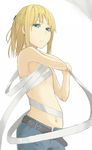  bad_id bad_tinami_id bare_shoulders blonde_hair blue_eyes copyright_request denim flat_chest from_below frown highres jeans looking_down navel pants rane sarashi solo unbuttoned 