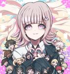  &gt;o&lt; 6+boys 6+girls :d ;( ahoge bandaged_arm bandages black_bow black_hair blonde_hair blush bow brown_background chibi clenched_hands closed_mouth collared_shirt d: danganronpa_(series) danganronpa_2:_goodbye_despair ear_bow eating fang food galaga glasses green_jacket grey_hair hair_bow highres hinata_hajime hood hood_down jacket koizumi_mahiru komaeda_nagito kuzuryu_fuyuhiko long_sleeves meat mioda_ibuki multicolored_hair multiple_boys multiple_girls nanami_chiaki neck_ribbon nidai_nekomaru off_shoulder owari_akane pekoyama_peko pink_background pink_bow pink_eyes pink_hair pink_ribbon pout ribbon saionji_hiyoko semi-rimless_eyewear sharp_teeth shirt smile soda_kazuichi solo_focus sonia_nevermind tanaka_gundham teeth togami_byakuya_(danganronpa_2) tsumiki_mikan twintails upper_teeth_only usami_(danganronpa) vashapinkdream white_hair white_shirt 