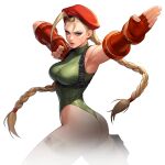  ahoge antenna_hair ass beret blonde_hair braid cammy_white fighting_stance gauntlets hat leotard scar scar_on_face serious simple_background strap strapless strapless_leotard street_fighter thigh_strap transparent_background twin_braids 