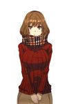  bangs blush breasts brown_eyes brown_hair cowboy_shot enpera hands_together highres kotonohanoko large_breasts looking_at_viewer original own_hands_together plaid plaid_scarf red_sweater ribbed_sweater scarf simple_background solo sweater white_background 