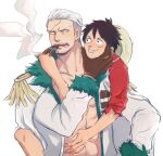  2boys abs arm_around_neck blush coat facial_hair goatee_stubble grin head_grab male_focus mature_male medium_sideburns monkey_d._luffy multiple_boys muscular muscular_male muscular_uke one_piece pectorals scar scar_on_face scar_on_forehead short_hair sideburns_stubble size_difference smile smoker_(one_piece) sparse_stubble stitches stubble tsurime upper_body white_hair yamakazi47 yaoi 