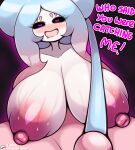 &lt;3 &lt;3_eyes areola big_breasts blush bodily_fluids breasts dialogue female generation_8_pokemon hatterene hi_res huge_breasts nintendo nipples not_furry open_mouth open_smile pokemon pokemon_(species) smile solo spread_legs spreading sweat zapklink_(artist)