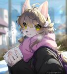  1girl :3 ahoge animal_ears animal_nose black_jacket blonde_hair blurry blurry_background breath building claws dog_ears dog_girl furry furry_female green_eyes hair_ornament highres jacket ko-on_(ningen_zoo) long_hair looking_at_viewer original outdoors purple_scarf scarf snow solo sunlight winter_clothes 