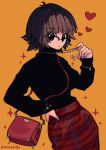  1girl artist_name bag cross glasses hand_on_own_hip handbag highres hunter_x_hunter inverted_cross jewelry masaartjv nail_polish necklace plaid plaid_skirt shizuku_murasaki short_hair skirt solo sweater turtleneck turtleneck_sweater 