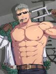  1boy abs bara bare_pectorals cowboy_shot facial_hair facing_viewer glint hidekiryouji highres holding holding_weapon large_pectorals male_focus mature_male medium_sideburns muscular muscular_male navel nipples one_piece pectorals scar scar_on_face scar_on_forehead short_hair sideburns_stubble smoker_(one_piece) solo sparse_stubble stitches stomach stubble sunglasses tsurime weapon white_hair 