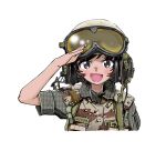  1girl :d akiyama_yukari brown_eyes brown_hair brown_vest collar combat_helmet girls_und_panzer goggles goggles_on_headwear helmet messy_hair military military_uniform nakamura_3sou salute short_hair short_sleeves smile solo swept_bangs uniform united_states_marine_corps vest white_background 