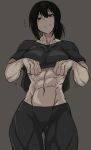  1girl abs absurdres black_eyes black_hair breasts clothes_lift freckles frown highres looking_down muscular muscular_female original pants ponytail shirt_lift solo sweat tight_clothes tight_pants underboob zokusuke 