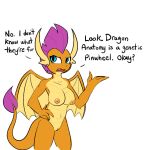 2024 anthro areola blue_eyes breasts dialogue dragon female friendship_is_magic hand_on_hip hasbro horn looking_at_viewer membrane_(anatomy) my_little_pony nipples non-mammal_breasts nude open_mouth orange_body orange_scales scales scalie smolder_(mlp) solo tail tail_tuft tan_body tan_scales tjpones tuft