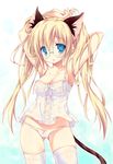  animal_ears armpits arms_up blonde_hair blue_eyes breasts camisole collarbone emily_(pure_dream) glasses long_hair open_mouth original panties small_breasts solo tail thighhighs underwear white_legwear white_panties 