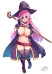  1girl belt black_gloves black_thighhighs blue_eyes breasts c.r. cape cleavage fang gloves hat highres holding holding_scepter large_breasts long_hair looking_at_viewer no_panties no_pants original pink_hair pointy_ears scepter skin_fang solo thighhighs witch witch_hat 