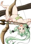  1girl :d aiming archery arrow_(projectile) bikini black_bow bow bow_(weapon) branch breasts commission elf full_body goblin_slayer! green_bikini green_eyes green_hair hair_bow hanging high_elf_archer_(goblin_slayer!) kankitukou looking_at_viewer open_mouth pointy_ears simple_background skeb_commission small_breasts smile solo swimsuit teeth upper_teeth_only upside-down weapon white_background 