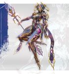  1girl absurdres artist_name blank_eyes bodysuit character_name cleavage_cutout clothing_cutout commentary english_commentary floating full_body gold_trim headgear highres holding holding_polearm holding_weapon looking_at_viewer polearm prime_warframe signature solo takaya_lee warframe weapon wisp_(warframe) wisp_prime_(warframe) yellow_eyes 