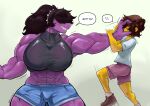 2024 abs accessory anthro biceps big_breasts black_hair bodily_fluids bottomwear breasts clothed clothing deltarune dialogue dinosaur duo english_text face_grab female footwear fully_clothed gradient_background hair hair_accessory hair_over_eyes hairband hi_res huge_breasts human kris_(deltarune) larger_female long_hair male mammal midriff motion_lines muscular muscular_female reptile scalie sharp_teeth shirt shoes short_hair shorts simple_background size_difference smaller_male smile socks speech_bubble spiked_hairband susie_(deltarune) sweat t-shirt tank_top teeth text thedarkzircon thick_thighs topwear undertale_(series) wide_hips