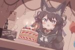  +_+ 1girl absurdres animal_ears birthday black_hair brown_eyes cake colon_br commission food highres long_sleeves open_mouth original skeb_commission sleeves_past_fingers sleeves_past_wrists upper_body 