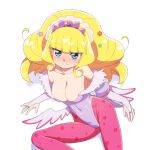  1girl bare_shoulders blonde_hair blue_eyes blush breasts bridal_gauntlets cure_finale delicious_party_precure highleg highleg_leotard highres himokawa_udon kasai_amane large_breasts leotard long_hair low_wings magical_girl pantyhose pink_pantyhose precure print_pantyhose simple_background smile solo star_(symbol) star_print tiara white_background wings 