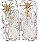  1boy animal arm_up blush closed_mouth dakimakura_(medium) dark_souls_(series) dark_souls_i dark_sun_gwyndolin dress facing_viewer gold_headwear grey_dress grey_hair highres multiple_views short_hair snake spiked_helmet translation_request zunkome 