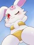 2023 absurd_res accessory anthro bikini blue_background bluehiyokobunny blush chest_tuft chibi clothing eyelashes female flower flower_in_hair fur gold_clothing hair hair_accessory hi_res jewelpet lagomorph leporid looking_at_viewer mammal one_eye_closed plant rabbit red_eyes ruby_(jewelpet) sanrio sega sega_toys simple_background smile smiling_at_viewer smug_face solo standing swimwear tail tuft white_body white_fur wink winking_at_viewer