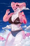 absurd_res apode breasts cleavage clothed clothing cloud draconcopode fangs female hi_res hood legless macro naga non-mammal_breasts open_mouth pink_body pink_scales reptile scales scalie serpentine sky snake solo t_m_e_d tail teeth underwear