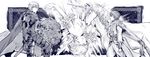  2boys armor audrey_burne banagher_links dagger gundam gundam_unicorn highres lion monochrome multiple_boys riddhe_marcenas robe scarf sword tori_(driftwood) unicorn weapon 