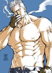  1boy abs bara cowboy_shot facial_hair kokorozashi large_pectorals looking_at_viewer male_focus mature_male medium_sideburns muscular muscular_male navel nipples one_piece open_fly pectorals scar scar_on_face scar_on_forehead short_hair sideburns_stubble smoke smoker_(one_piece) solo sparse_stubble stitches stomach strongman_waist stubble topless_male tsurime unfinished white_hair 