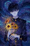  1boy abstract abstract_background absurdres black_hair black_shirt blunt_bangs buttons color_contrast facing_viewer flower gakuran glowing glowing_flower highres holding holding_flower kageyama_shigeo long_sleeves looking_ahead mob_psycho_100 mong_120 school_uniform shirt short_hair solo starry_night_(van_gogh) swirl upper_body yellow_flower 