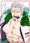  1boy ? abs bara bare_pectorals coat facial_hair goatee_stubble highres large_pectorals male_focus mature_male medium_sideburns muscular muscular_male navel nipples ohesonoheso one_piece open_clothes open_coat pectorals scar scar_on_face scar_on_forehead short_hair sideburns_stubble smoker_(one_piece) solo sparse_stubble spoken_question_mark stitches stubble tsurime upper_body white_hair 