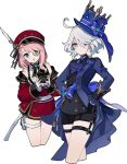  2girls ascot asymmetrical_gloves blue_ascot blue_brooch blue_gemstone blue_hair blue_headwear blue_jacket camera charlotte_(genshin_impact) commentary_request detached_sleeves flat_color furina_(genshin_impact) gem genshin_impact gloves hat hat_feather heterochromia highres holding holding_camera jacket light_blue_hair merry-san mismatched_gloves mismatched_pupils monocle multiple_girls pink_hair puffy_detached_sleeves puffy_sleeves red_headwear top_hat white_background white_gloves white_trim_bow 
