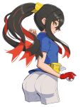  1girl absurdres ass black_hair blush breasts carmine_(pokemon) colored_inner_hair cropped_legs crossed_bangs eyelashes gonzarez hair_between_eyes hairband high_ponytail highres long_hair looking_at_viewer mole mole_under_eye multicolored_hair pokemon pokemon_sv ponytail red_hair simple_background small_breasts solo two-tone_hair white_background yellow_eyes yellow_hairband 