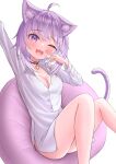  1girl absurdres ahoge animal_collar animal_ear_fluff animal_ears arm_up bean_bag_chair blush breasts buttons cat_ears cat_girl cat_tail collar fang hair_between_eyes highres hololive kumoru_(kumoru_145) large_breasts long_sleeves looking_at_viewer nekomata_okayu no_panties one_eye_closed open_mouth purple_eyes purple_hair shirt short_hair simple_background sitting smile solo tail virtual_youtuber white_background white_shirt 