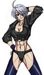  abs ahoge angel_(kof) arm_up black_panties breasts chaps cleavage cropped_jacket fingerless_gloves gloves hair_over_one_eye hand_on_hip large_breasts one_eye_closed panties short_hair silver_hair solo taroimo_(00120014) the_king_of_fighters underwear 