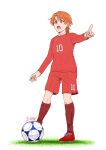  1girl artist_name ball commentary_request frown grass highres kibou_no_chikara_~otona_precure_&#039;23~ long_sleeves looking_to_the_side natsuki_rin open_mouth orange_hair pointing precure red_eyes red_footwear red_shirt red_shorts red_socks satou_yasu shirt shoes short_hair shorts signature soccer soccer_ball soccer_uniform socks solo sportswear standing white_background yes!_precure_5 yes!_precure_5_gogo! 