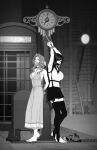  2girls absurdres aerith_gainsborough armpits arms_behind_back arms_up barefoot blurry blurry_background boots bound bound_wrists breasts clock commentary crop_top dress eyelashes feet final_fantasy final_fantasy_vii final_fantasy_vii_remake full_body gag greyscale hair_intakes heel_up highres improvised_gag kusujinn large_breasts looking_at_viewer medium_breasts midriff miniskirt monochrome multiple_girls navel no_shoes outdoors phone_booth skirt sports_bra stirrup_legwear suspender_skirt suspenders symbol-only_commentary tape tape_gag thighhighs tifa_lockhart toeless_legwear toenails toes unworn_boots zettai_ryouiki 
