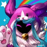  1girl artist_name bell cats_vs_dogs_kindred fur_collar green_background green_hair hand_up hood hood_up kancho_(kan_cho) kindred_(league_of_legends) lamb_(league_of_legends) league_of_legends long_hair looking_at_viewer neck_bell pink_eyes rainbow sidelocks star_(symbol) upper_body 