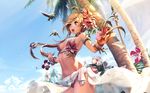  ahoge bikini bird blonde_hair blue_eyes bracelet cloud day flower hair_flower hair_ornament hibiscus highres jewelry kkuem long_hair navel necklace open_mouth original outstretched_arms palm_tree petals print_sarong sarong solo spread_arms swimsuit tree white_sarong wind wind_lift 