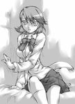  bed bed_sheet bow breasts choker cleavage greyscale highres kyouno_aki looking_at_viewer medium_breasts monochrome open_mouth persona persona_3 school_uniform short_hair sitting skirt solo takeba_yukari 
