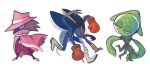 4_arms absurd_res anthro arthropod avian beak beetle biped boxing_gloves clothed clothing green_body group handwear hat headgear headwear hi_res insect insect_wings male multi_arm multi_limb pink_clothing pink_hat pink_headwear potachi simple_background trio white_background wings