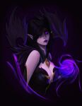  1girl absurdres bare_shoulders black_hair breasts cleavage cropped_torso from_side hair_over_one_eye highres large_breasts league_of_legends long_hair looking_at_viewer magic max_(max5swell) morgana_(league_of_legends) pink_eyes pointy_ears purple_lips solo upper_body wings 