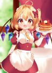  1girl ahoge apron ascot bat_wings blonde_hair blush cowboy_shot crystal flandre_scarlet food frills iris_(airisu495) maid_apron medium_hair open_mouth pancake plate red_ribbon ribbon solo touhou wings yellow_ascot 