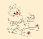 2022 anthro beverage blush bottomwear bugsnax clothed clothing digital_media_(artwork) english_text filbo_fiddlepie frog_plushie grumpus hair half-closed_eyes holding_beverage holding_mug holding_object male mug narrowed_eyes pawpads plushie red_nose red_pawpads shaibey shirt shorts simple_background sitting sitting_on_ground sketch smile solo text topwear yellow_background young_horses