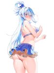  1girl absurdres aqua_(konosuba) ass back blue_bra blue_eyes blue_hair blue_skirt blush bra breasts closed_mouth english_commentary from_behind hair_between_eyes hair_ornament hands_up highres kono_subarashii_sekai_ni_shukufuku_wo! large_breasts long_hair looking_at_viewer looking_back machulanko miniskirt ponytail sidelocks simple_background skirt solo standing striped_bra striped_clothes sweat textless_version thick_thighs thighs underwear v-shaped_eyebrows white_background white_bra 